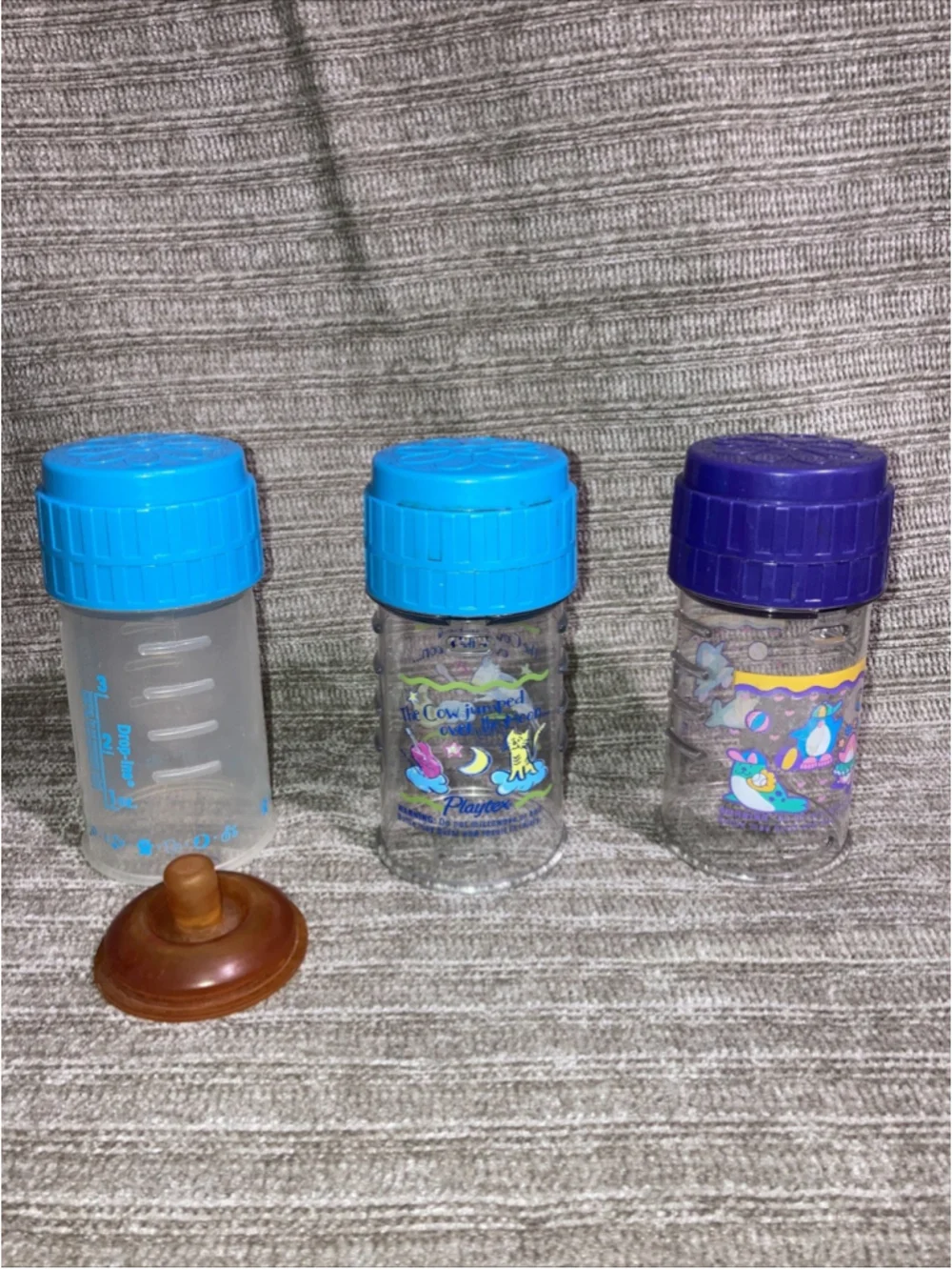 3 Vintage Playtex Baby 4oz Nurser Bottles Nursery Rhyme 1 Flat Top Latex Nipple
